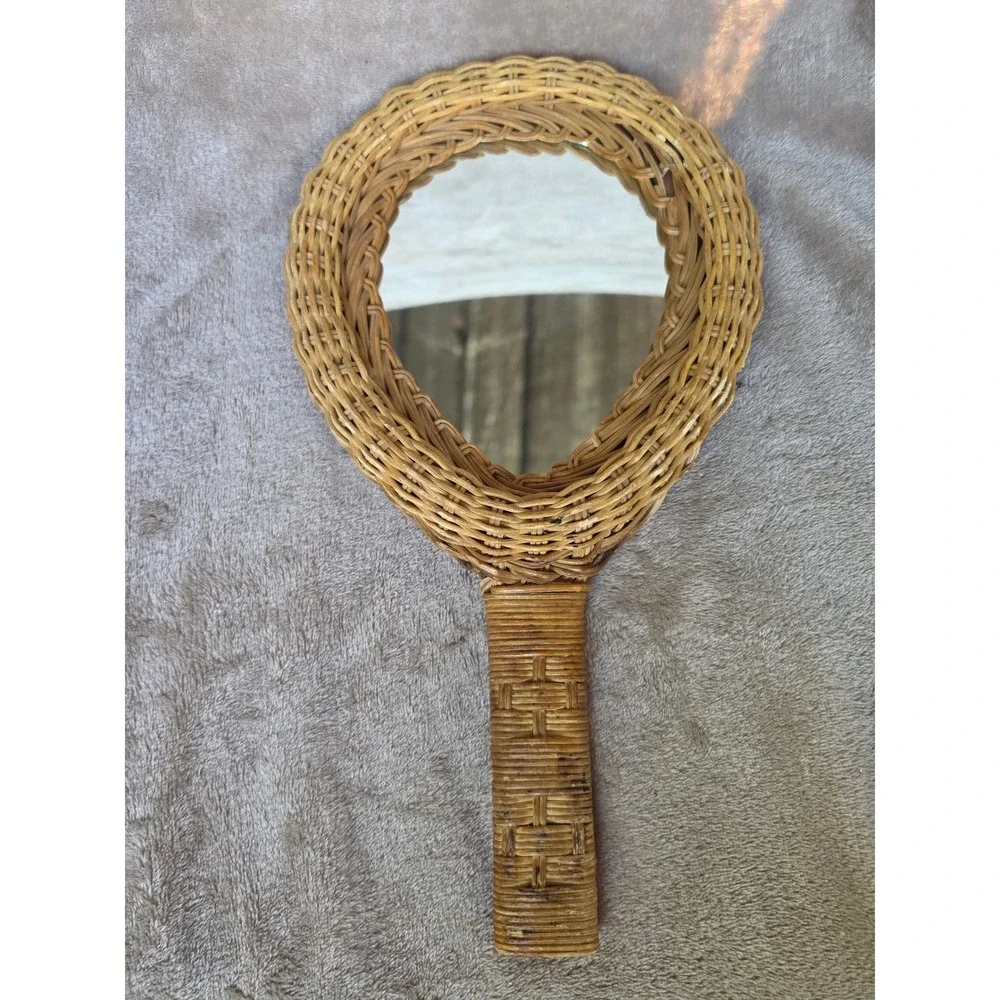 Vintage Wicker Hand Mirror Rattan Boho Woven Wood Back Made in Hong Kong